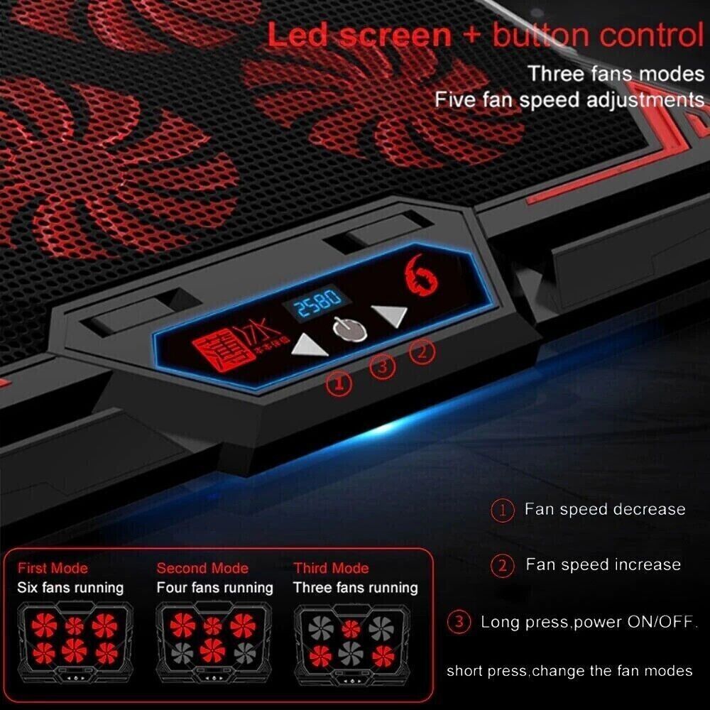 Laptop Cooling Pad 6 cooler fan 12-17 inch Gaming Notebook LED Light USB Port